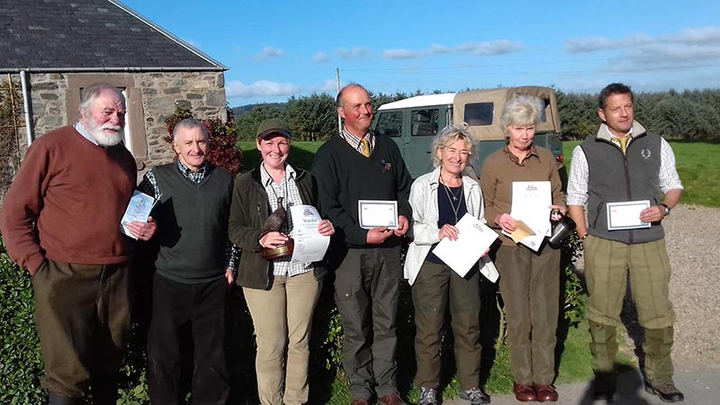 Open trial at Tullybeagles on 6th October  2016. Left to right Godfrey Card and Phil Pearson  judges.  1st Jackie Hay, Gwp .Rory Major Cof M Large Munsterlander. Maureen Nixon 2nd GSP. Anne Johnson 3rd GWP.  Jason  Hudson  4th Korthals  Griffon 